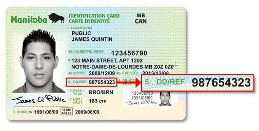 Location of Document Number in Manitoba Identification Card